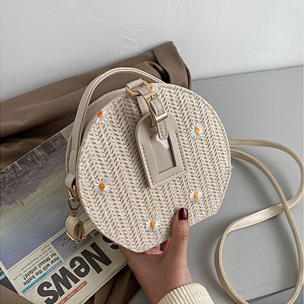 Daisy Flower Embroidered Round Straw Crossbody Bag in Beige - Picture 1 of 8